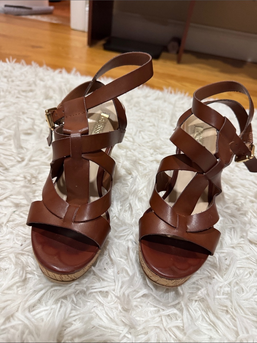 Guess Brown Strappy Wedge Sandals with Cork Heel - Picture 6 of 10
